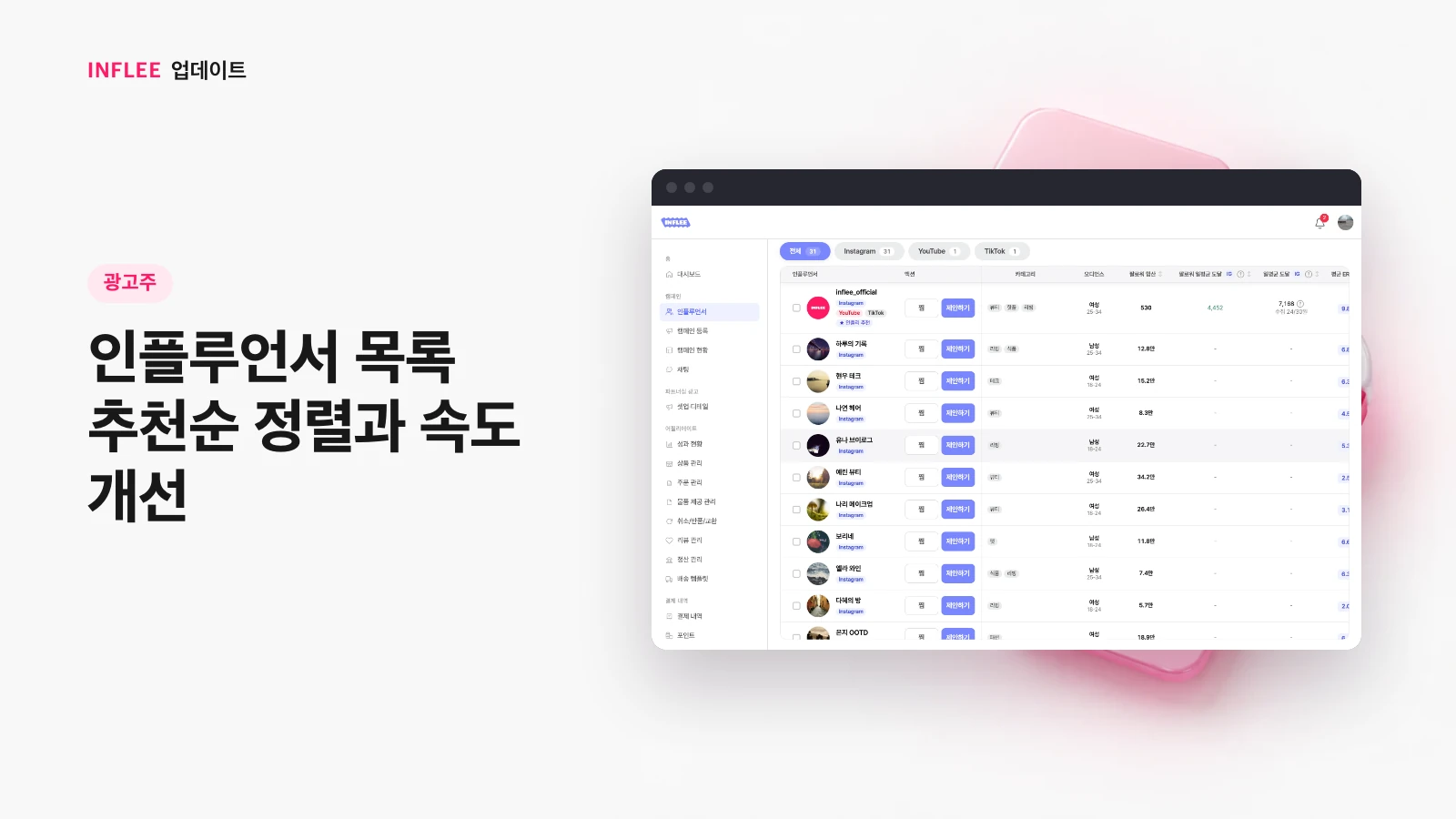 [광고주] 인플루언서 목록 추천순 정렬과 속도 개선 — 인플리 실제 서비스 화면