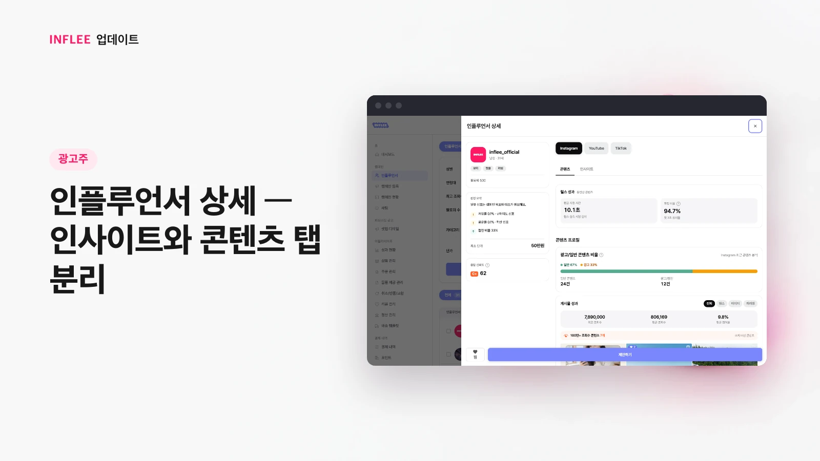 [광고주] 인플루언서 상세 — 인사이트와 콘텐츠 탭 분리 — 인플리 실제 서비스 화면