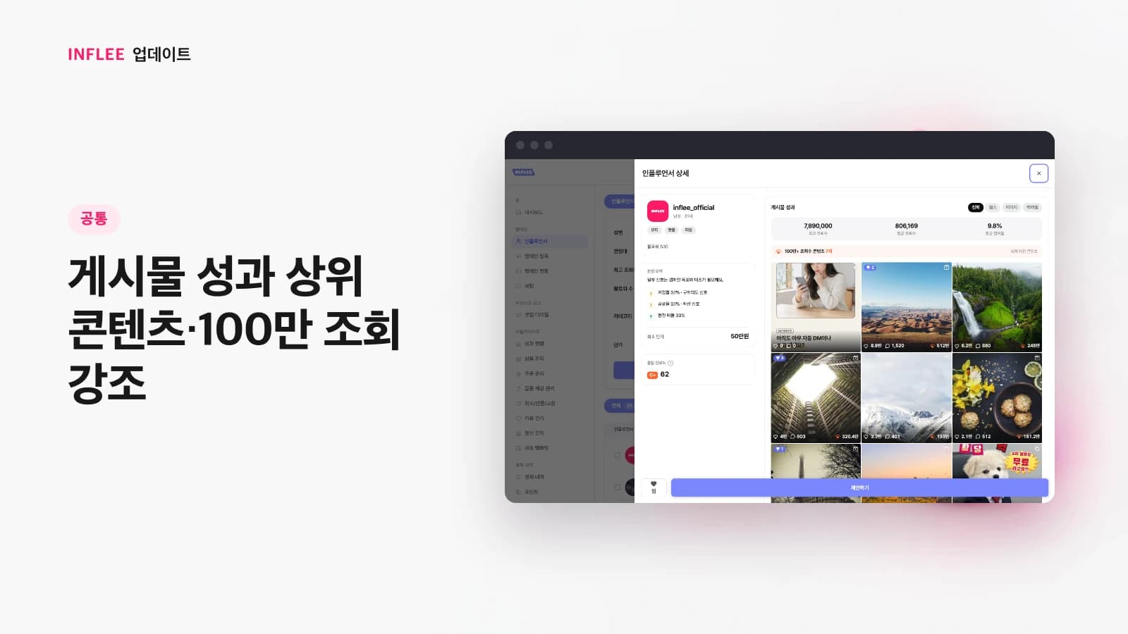 [공통] 게시물 성과 상위 콘텐츠·100만 조회 강조 — 인플리 실제 서비스 화면