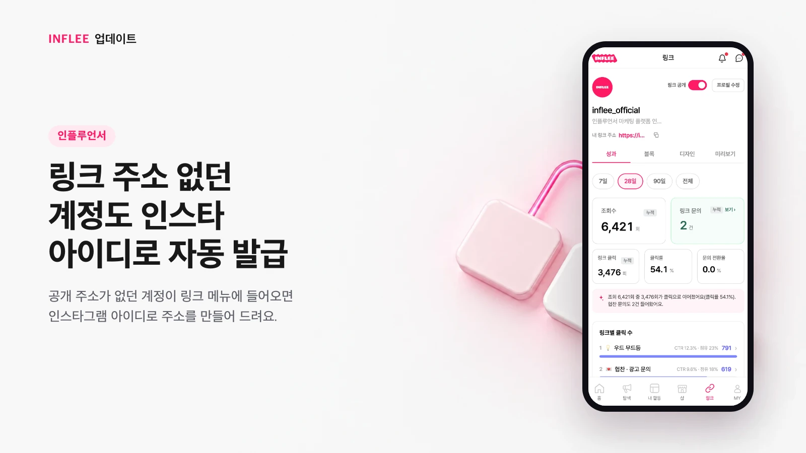 링크 주소 없던 계정도 인스타 아이디로 자동 발급 — 인플루언서 화면을 담은 인플리 릴리스 노트 소개 이미지