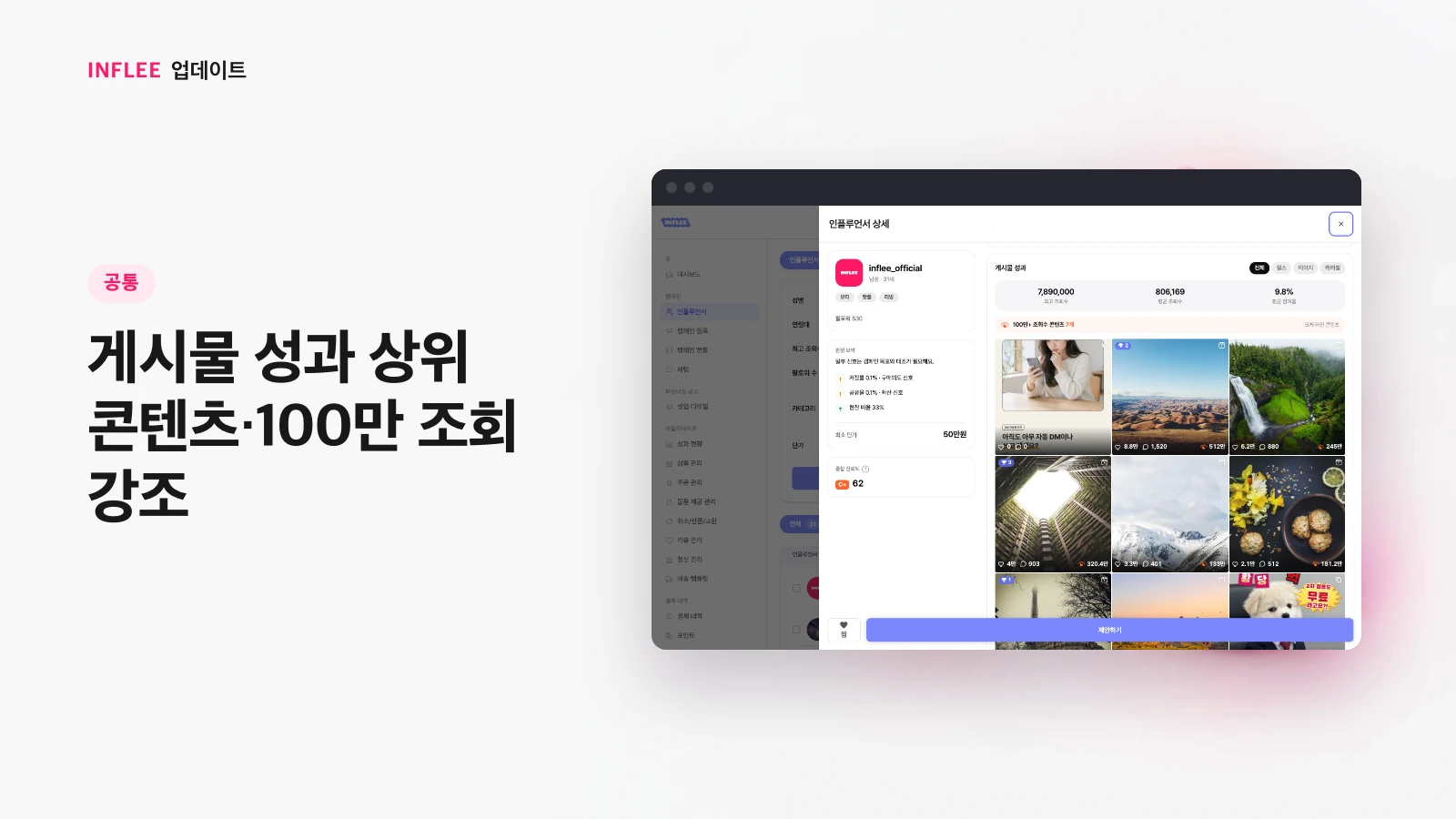 [공통] 게시물 성과 상위 콘텐츠·100만 조회 강조 — 인플리 실제 서비스 화면